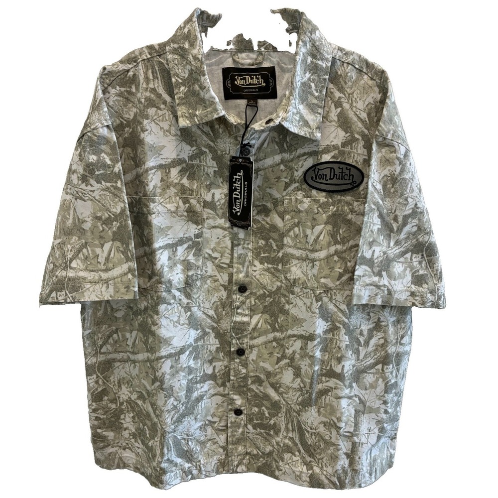 VON DUTCH~ Mens Lt Green Camo Short Sleeve Button Embroidered Logo Shirt L NWT